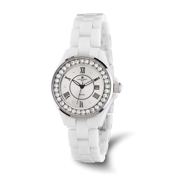 Charles Hubert Ladies Crystal Bezel White Ceramic Watch - Picture 1 of 2